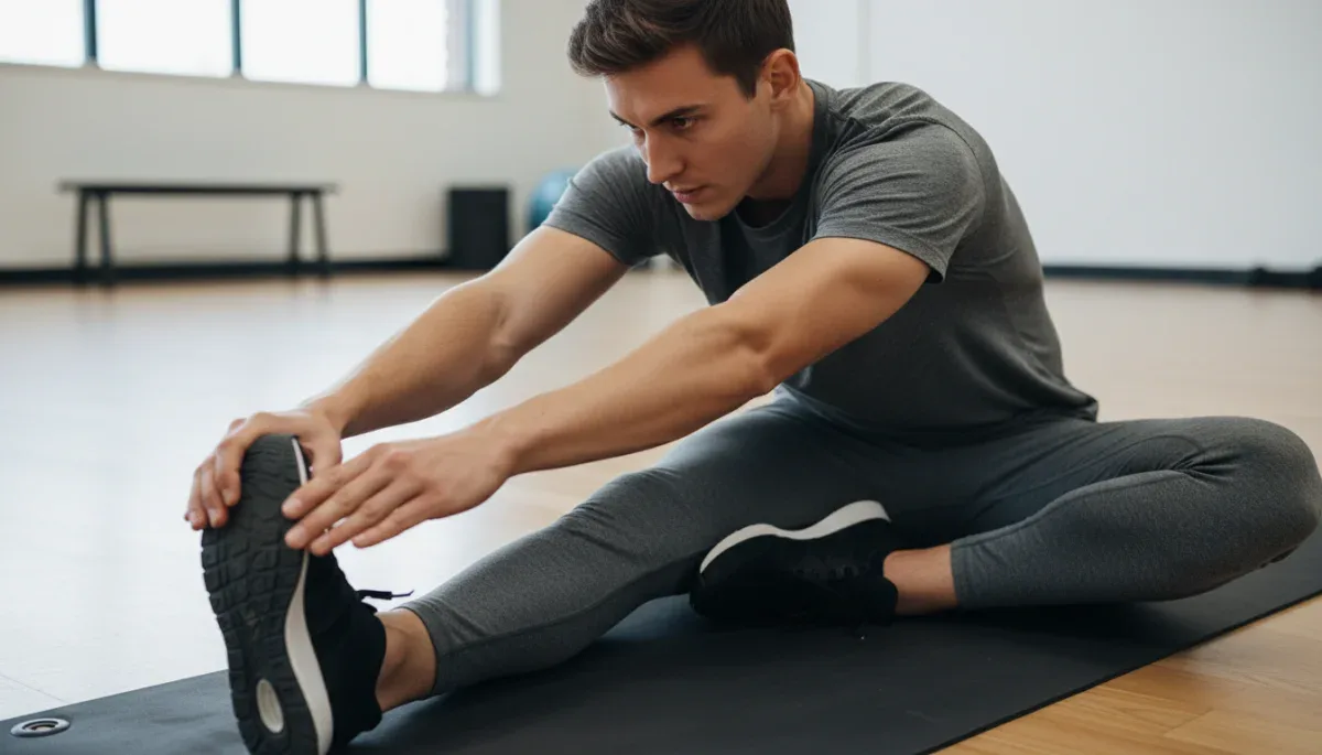 Person performing a hamstring stretch with correct form, emphasizing flexibility