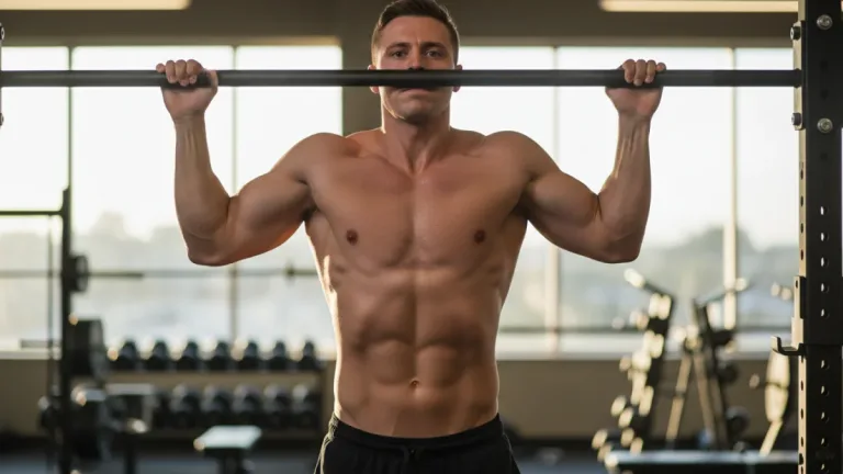 Person performing a pull-up with good form, demonstrating strength and body control.