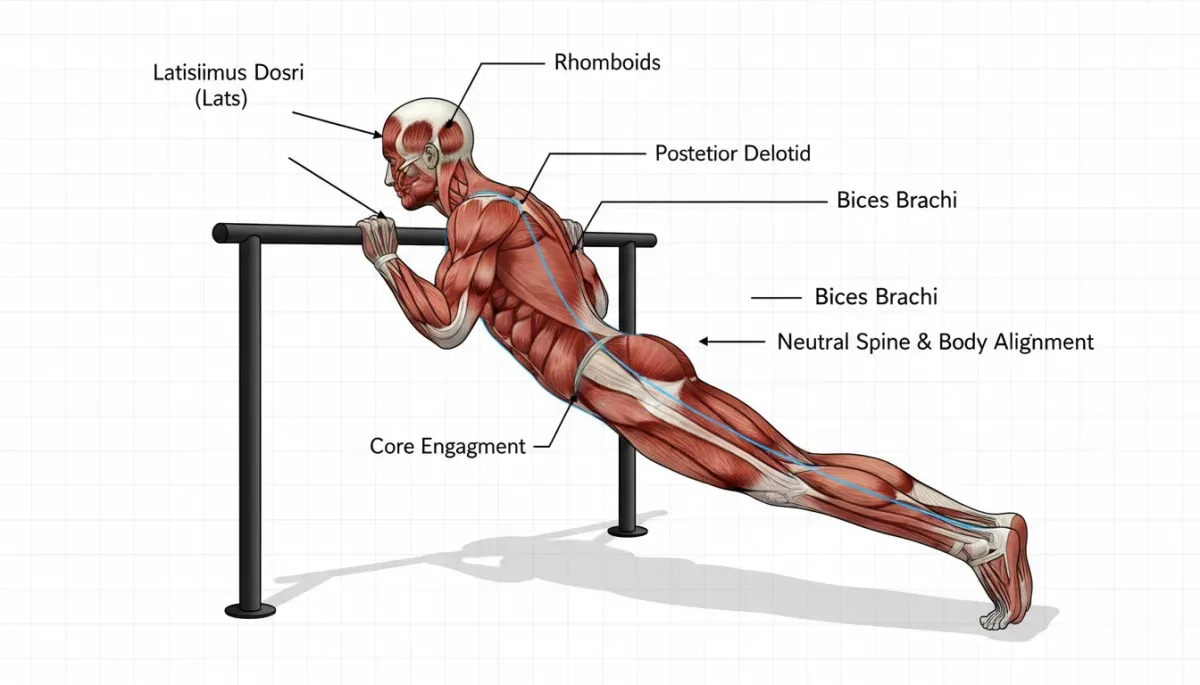 Detailed view of an Australian pull-up exercise, showing proper body alignment.