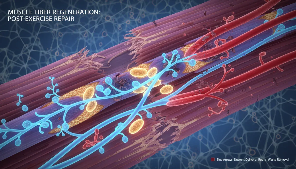 Illustration of muscle fiber repair and cellular recovery