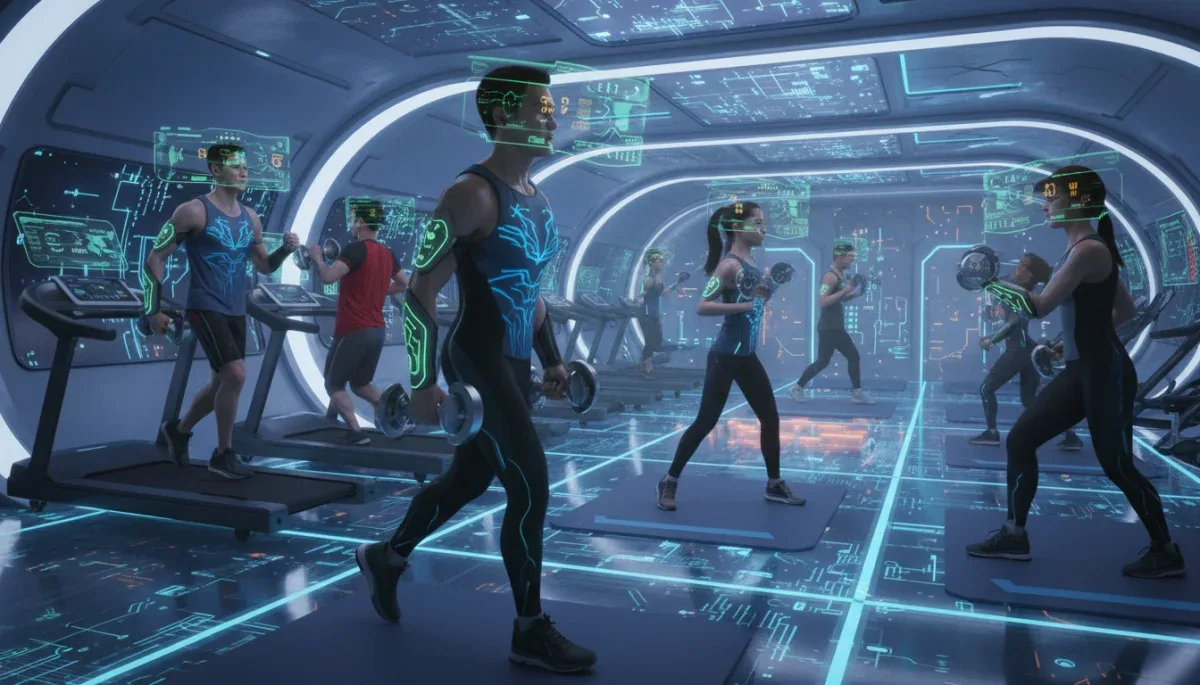Futuristic fitness enthusiasts using advanced wearable tech in a modern gym, showing performance data.