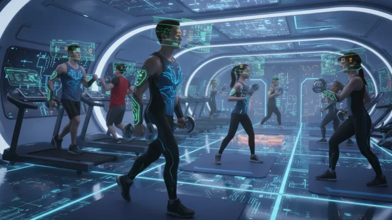 Futuristic fitness enthusiasts using advanced wearable tech in a modern gym, showing performance data.