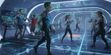 Futuristic fitness enthusiasts using advanced wearable tech in a modern gym, showing performance data.