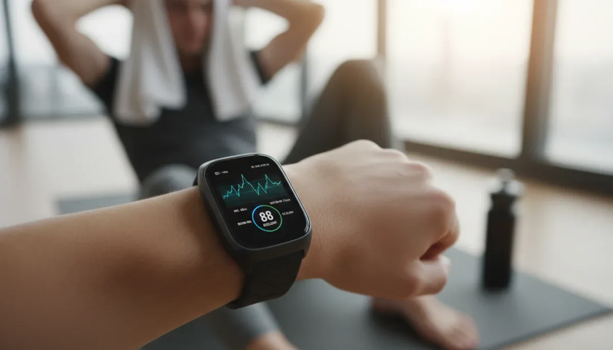 Close-up of a wearable device showing heart rate variability and recovery metrics.