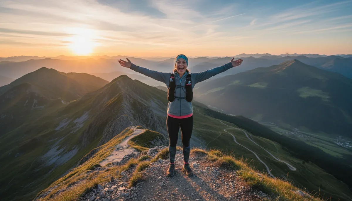 Woman achieving fitness goal on mountain top at sunrise, symbolizing success.