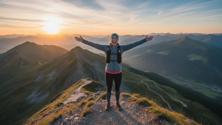 Woman achieving fitness goal on mountain top at sunrise, symbolizing success.