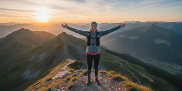 Woman achieving fitness goal on mountain top at sunrise, symbolizing success.