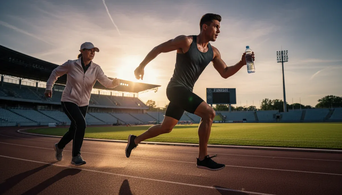 Athlete drinking water during a track workout, emphasizing hydration