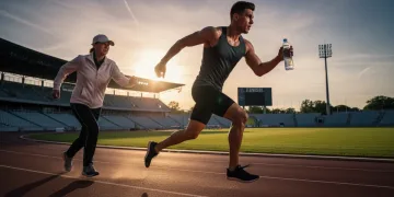 Athlete drinking water during a track workout, emphasizing hydration
