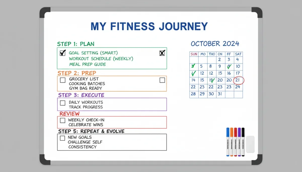 Whiteboard displaying a clear 5-step fitness plan with organized tasks and a calendar.