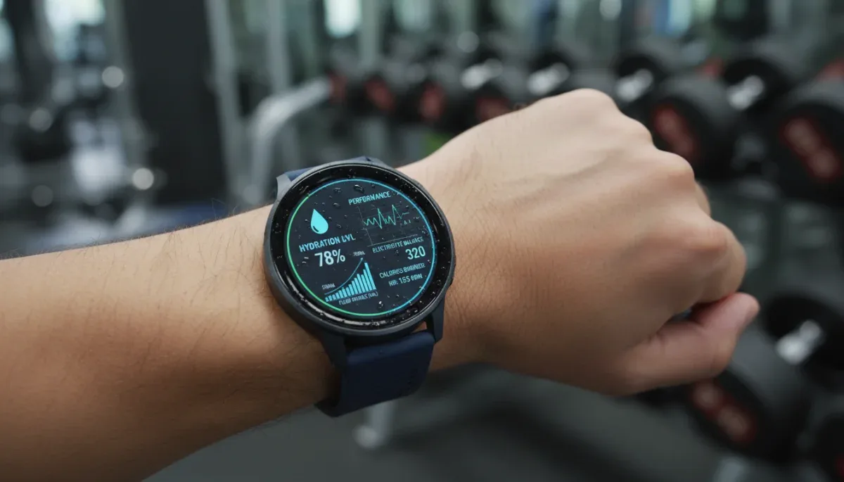 Smartwatch monitoring hydration and performance metrics during exercise
