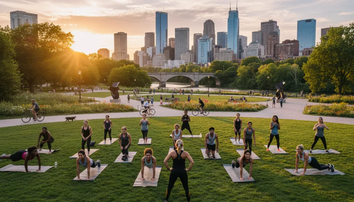 Diverse group exercising in urban park, outdoor fitness class