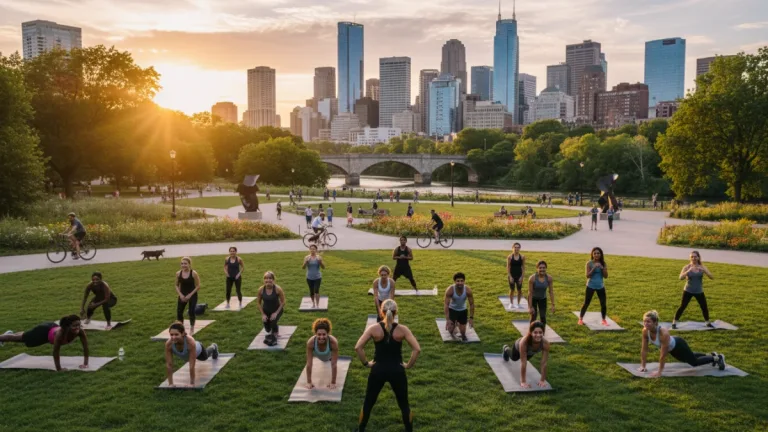 Diverse group exercising in urban park, outdoor fitness class