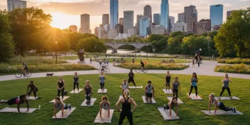 Diverse group exercising in urban park, outdoor fitness class