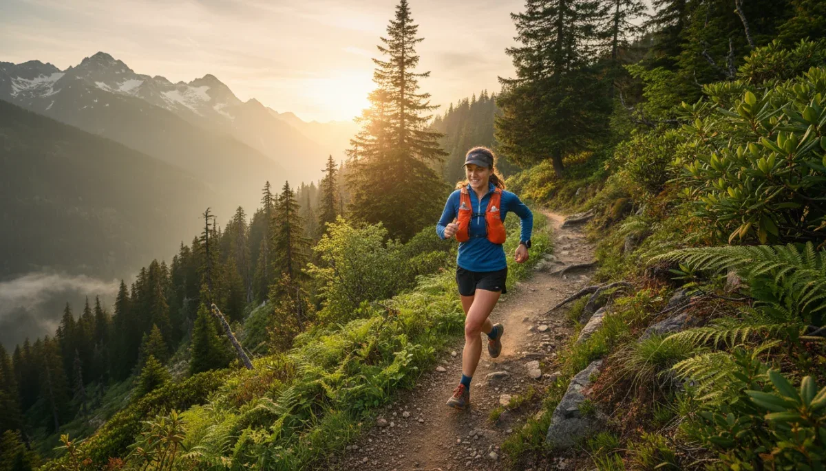 Trail runner on mountain path at sunrise, adventure fitness