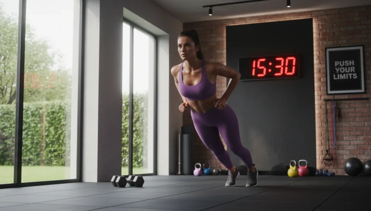 Woman performing burpee during intense HIIT workout for fat loss