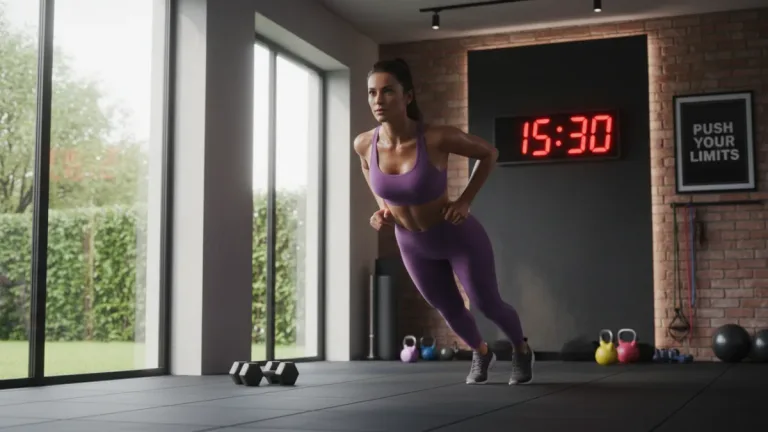 Woman performing burpee during intense HIIT workout for fat loss