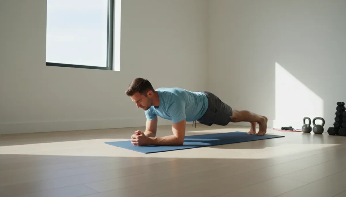 Man holding a plank position during a core-focused HIIT routine