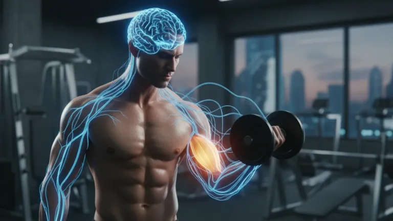 Athlete demonstrating mind-muscle connection during bicep curl with visible neural pathways