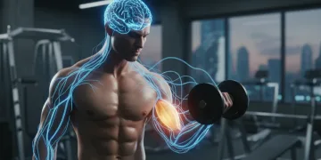 Athlete demonstrating mind-muscle connection during bicep curl with visible neural pathways