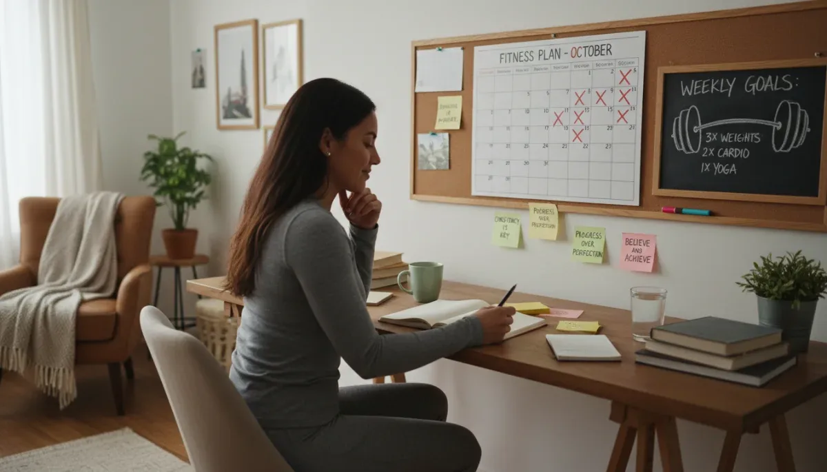 Person planning fitness goals with a journal and calendar, emphasizing strategic motivation