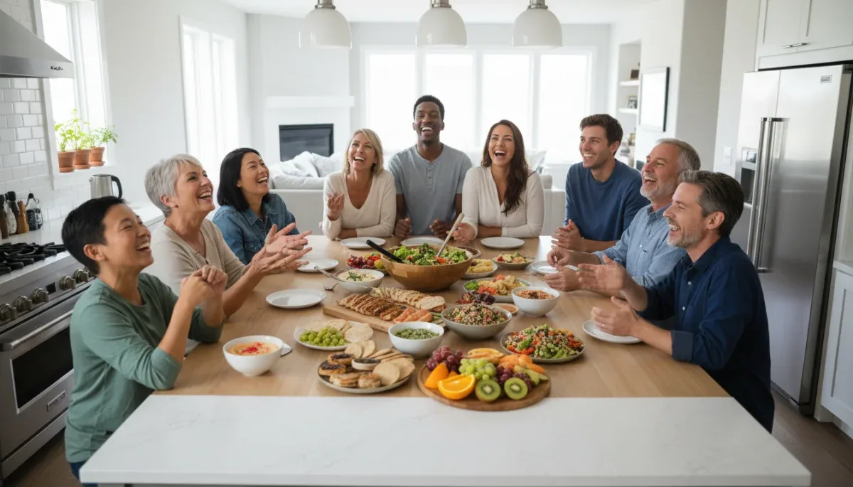 Happy diverse family eating healthy meal together, new dietary guidelines