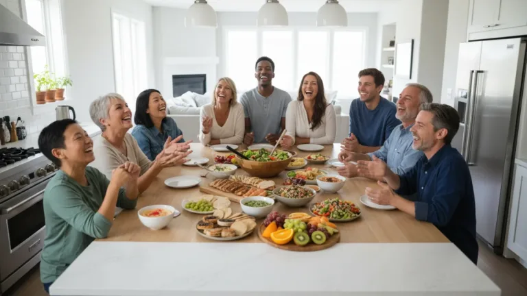 Happy diverse family eating healthy meal together, new dietary guidelines