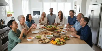 Happy diverse family eating healthy meal together, new dietary guidelines