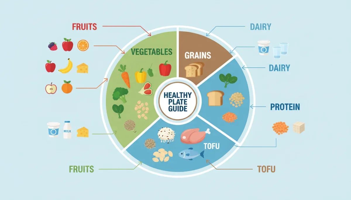 Illustrated balanced plate with healthy food groups, new dietary guidelines