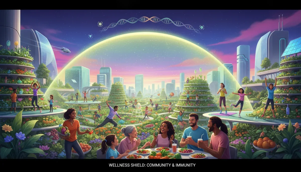 Diverse U.S. residents boosting immunity with healthy activities, futuristic shield