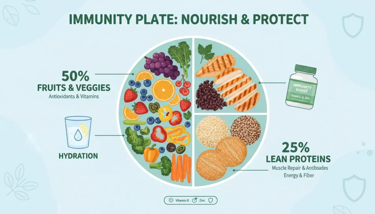 Infographic of immunity-boosting foods and supplements on a balanced plate