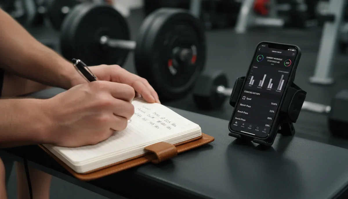 Person tracking workout progress with a journal and fitness app
