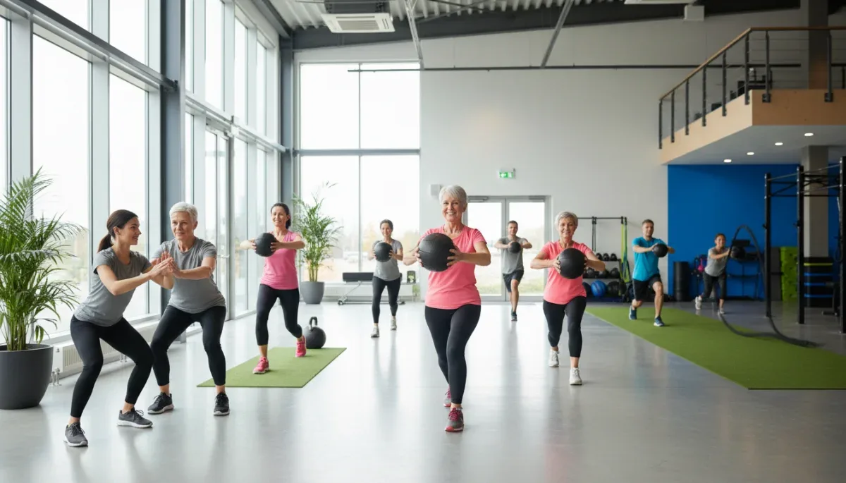 Group performing functional fitness exercises in a gym, improving daily movement