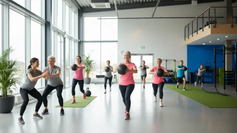 Group performing functional fitness exercises in a gym, improving daily movement