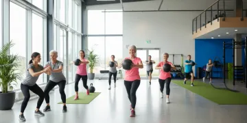 Group performing functional fitness exercises in a gym, improving daily movement