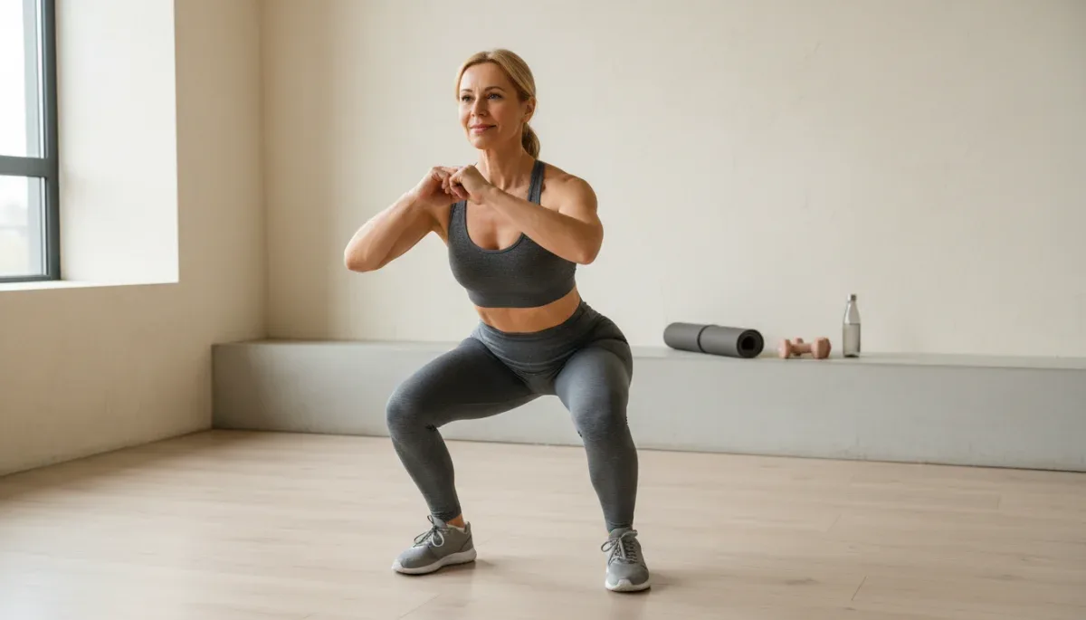 Woman demonstrating a bodyweight squat for functional strength