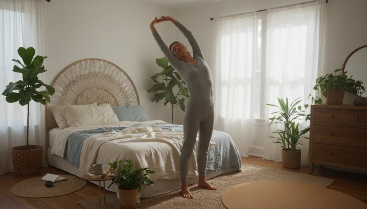Morning stretch in sunlit bedroom, promoting healthy routine
