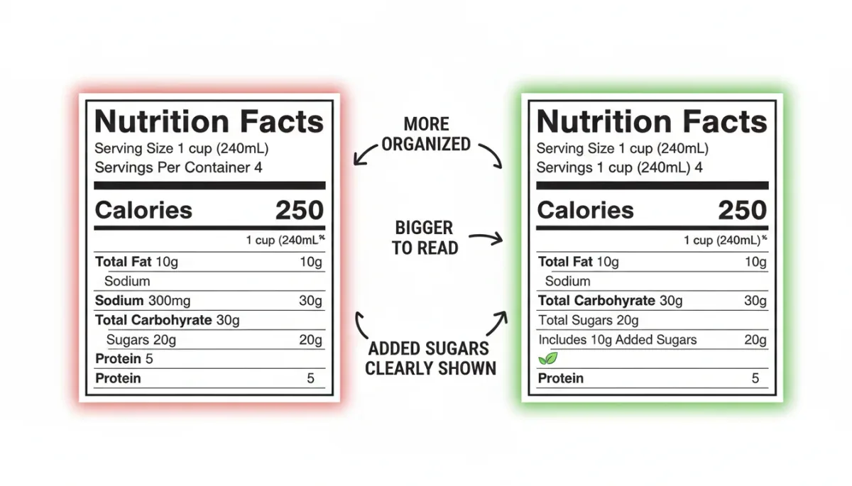 Comparison of old versus new food labels, emphasizing improved readability and nutritional focus.