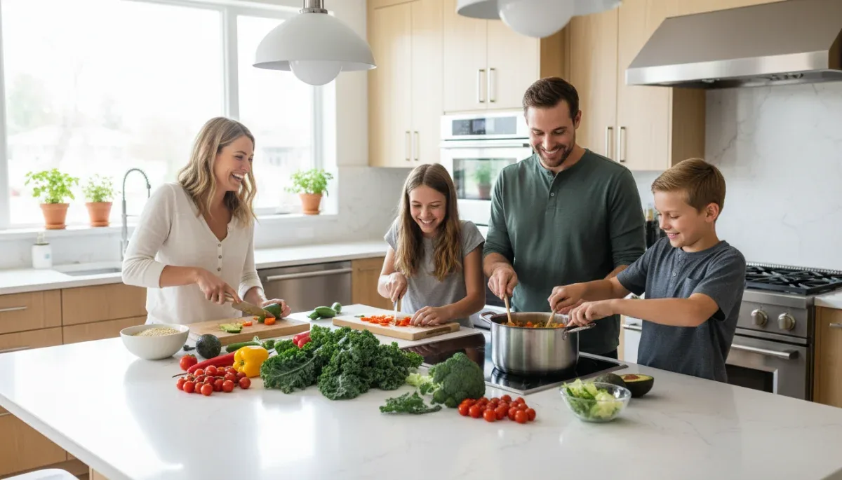 Family cooking together a plant-based meal at home.