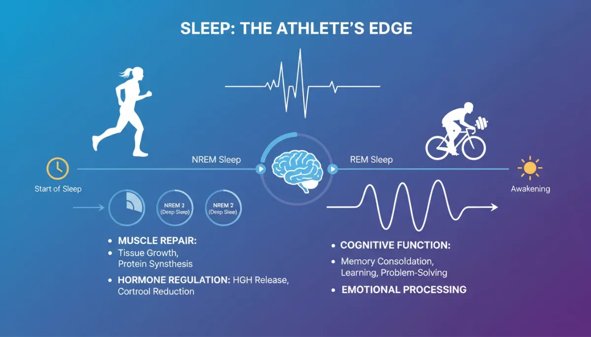 Infographic showing sleep stages and their impact on muscle repair, hormone balance, and cognitive function for athletes.