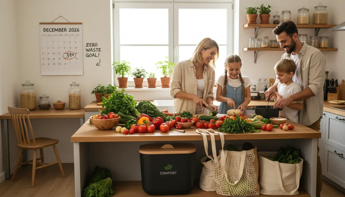 Family preparing a meal with fresh produce and reusable bags, embodying sustainable eating habits