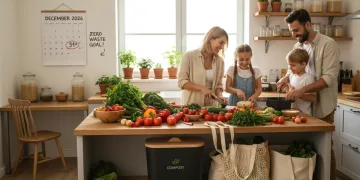 Family preparing a meal with fresh produce and reusable bags, embodying sustainable eating habits