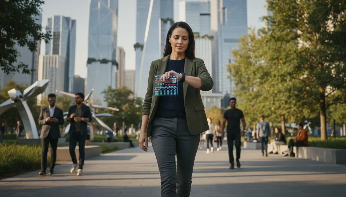 Busy professional walking outdoors, checking smartwatch, urban park, 2026