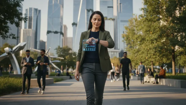 Busy professional walking outdoors, checking smartwatch, urban park, 2026