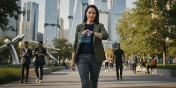 Busy professional walking outdoors, checking smartwatch, urban park, 2026