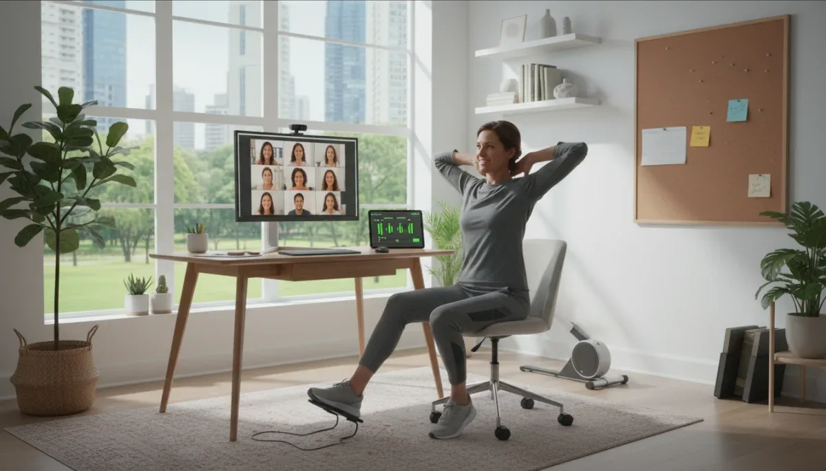 Professional doing desk stretches during video call in home office