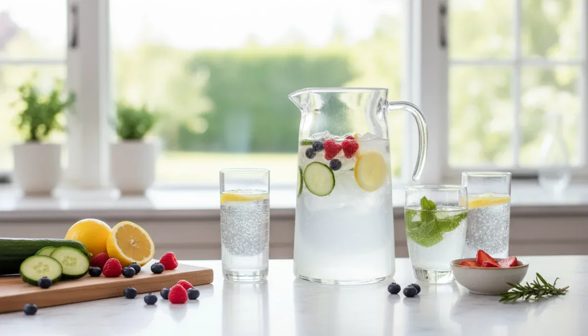Infused water with fruits and vegetables on kitchen counter