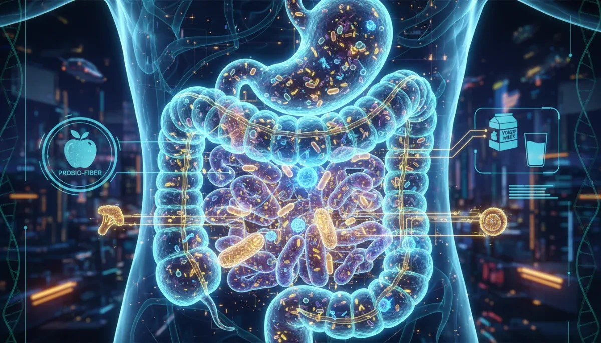Futuristic illustration of a healthy gut with probiotics and prebiotics for American diets.