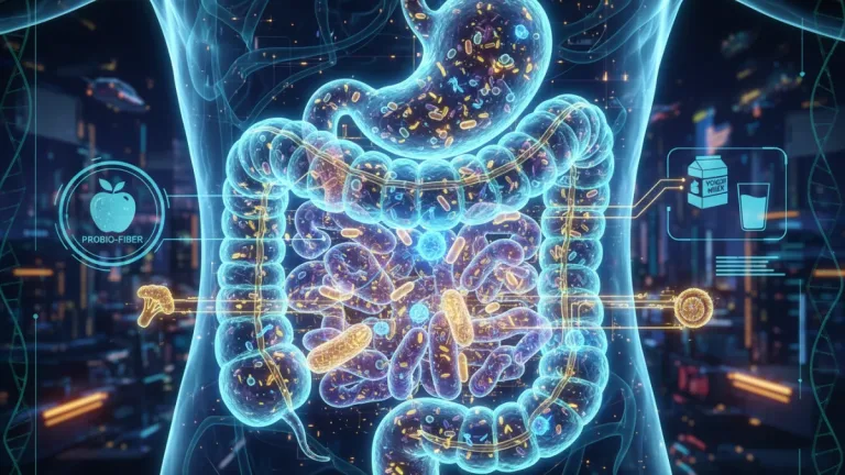 Futuristic illustration of a healthy gut with probiotics and prebiotics for American diets.