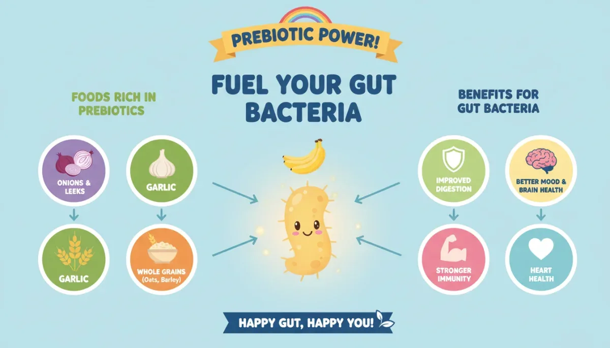 Infographic showing prebiotic-rich foods and their benefits for gut health.